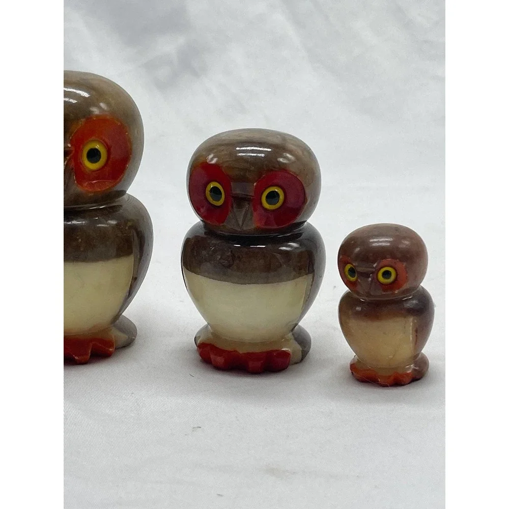VTG hand carved alabaster owl family